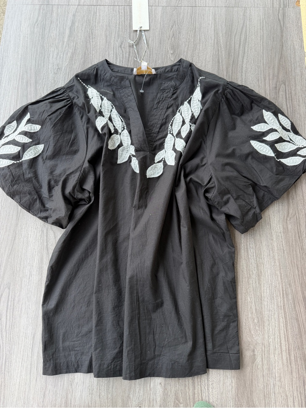 Jennifer & Grace Black Cotton Leaf Embroidered Puff Sleeve Tunic Blouse Plus 2X